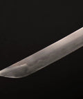 Close-up of the blade tip from Three Piece Iaido Katana Set With Display Stand, Badass Blue Blade And Engraved Scabbard Pattern.
