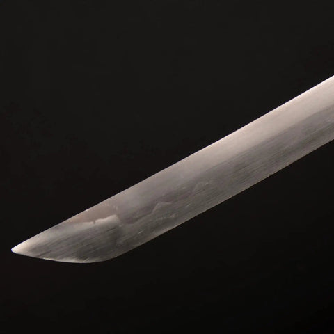 Close-up of the blade tip from Three Piece Iaido Katana Set With Display Stand, Badass Blue Blade And Engraved Scabbard Pattern.