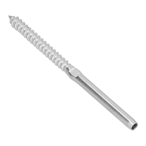 Close-up of a Left And Right Swage Lag Screws Cable Railing Kit Pro Grade T316 Stainless Steel 1 Eighth Inch Hardware screw