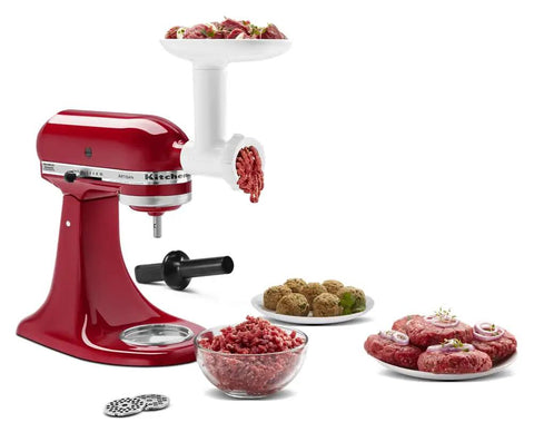 Stand Mixer Food Grinder Attachment for KitchenAid Style Mixers, grinding meat into a bowl, coarse and fine plates visible