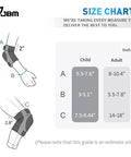 Size chart showing measurements for All Around Protection Gear Set For Inline Skating Roller Skating Skateboarding And Scootering Knee Pads Elbow Pads And Wrist Guards With Durable EVA Padding And Adjustable Straps Ideal For Ages 12 And Up.