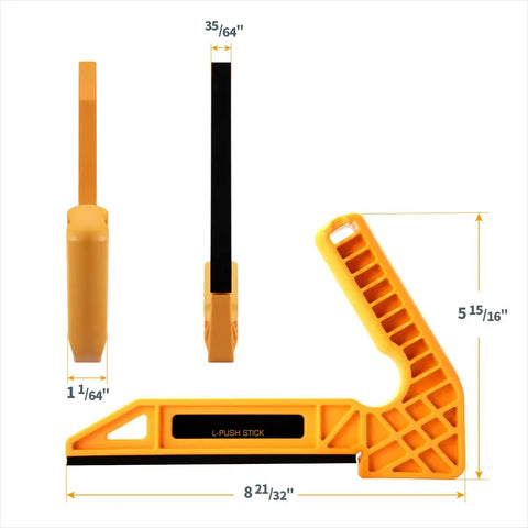 Universal Featherboard And L Shape Push Stick Kit For Table Saw Router Band Saw Jointer Stops Kickback Feeds Stock Smoothly Upgrades Workshop Setup Premium 2 Piece Bundle, L-shaped push stick in yellow with black rubber grip.