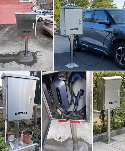 Tough As Nails Waterproof EV Charger Box Cover With Lockable Electric Vehicle Charging Station Enclosure on a sturdy pedestal.