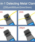 4-in-1 metal clamp fiber optic identifier; close-up views show jaws for 3mm, 2mm, 900µm, 250µm.