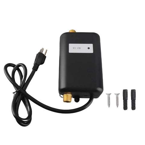 Compact Electric Under Sink Water Heater Brings Quick Warmth Back With A No Fuss Eco Friendly Tankless Build, black unit with brass ports.