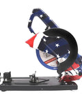 Side view of 6 Inch Chop Saw Cut Off Saw With 610W Motor, 8000 RPM, 120V Corded Metal Cutting Tool, painted with stars and stripes.