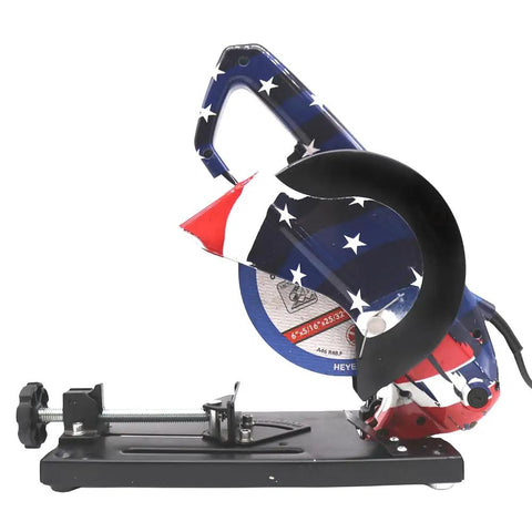 Side view of 6 Inch Chop Saw Cut Off Saw With 610W Motor, 8000 RPM, 120V Corded Metal Cutting Tool, painted with stars and stripes.