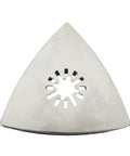 80mm Triangular Sanding Pads 4 Pack Hook Loop Stainless Steel Multitool Discs with dust venting holes and peel switch backing.