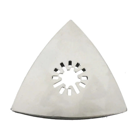 80mm Triangular Sanding Pads 4 Pack Hook Loop Stainless Steel Multitool Discs with dust venting holes and peel switch backing.