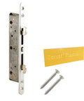 Sliding Glass Patio Door Lock Mortise Type 2-Point With 7.796 Inch Screw Hole Spacing, shown with screws and Zerust Plastab
