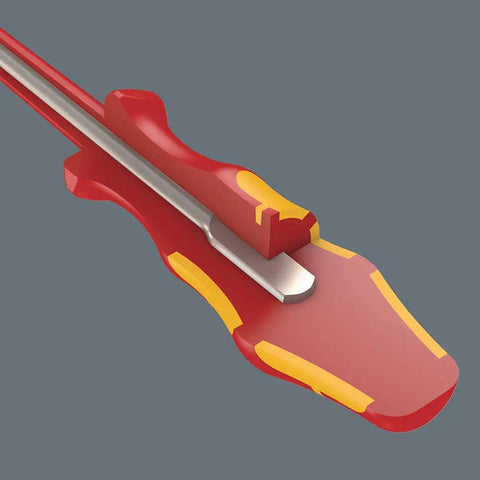 VDE Insulated Slotted Screwdriver 160iS showing hard and soft grip zones for speed and torque, close-up of handle design