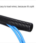 Premium 25 Foot 1/4 Inch Split Wire Loom Tubing Black with two blue wires shown, easy installation, for auto and home wiring protection.