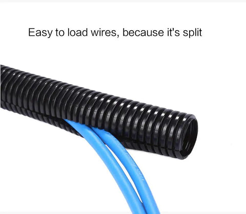 Premium 25 Foot 1/4 Inch Split Wire Loom Tubing Black with two blue wires shown, easy installation, for auto and home wiring protection.