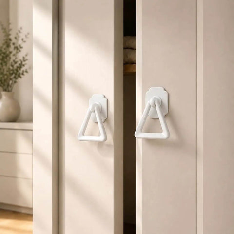 Ceramic White Cabinet Triangle Pulls 4 Pack With 1.6 Inch Backplate on wardrobe doors, hiding scratches seamlessly