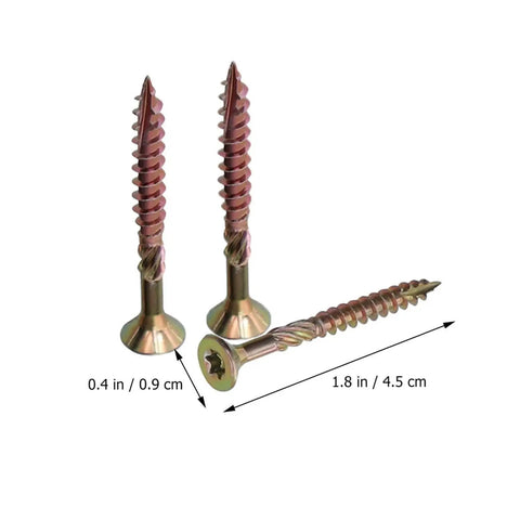 100 Pcs T25 Plum Wood Screws Set Self-Tapping Pocket Hole Plaster Dowel Fasteners for Woodworking, shown with measurements