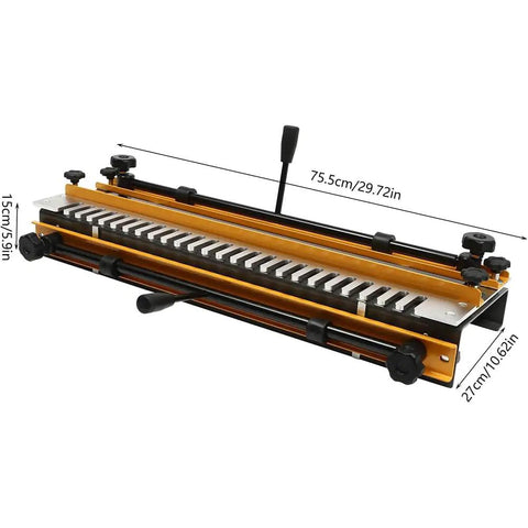 Pro Grade Dovetail Jig With Half Inch Template And Heavy Duty Gripper Tool Built Tough For Serious Woodworkers with measurements and sturdy design.