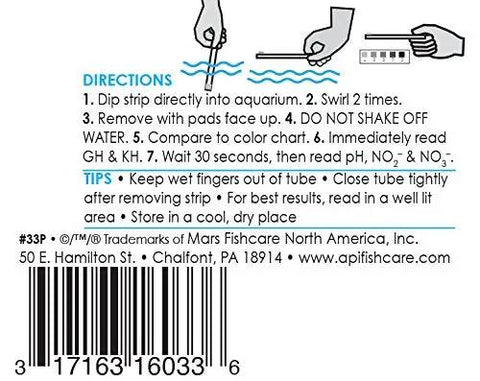 Instructions for use on Hella Reliable 5In1 Aquarium Test Strips Keep Your Freshwater And Saltwater Tanks Flopping Smooth Checks PH Nitrite Nitrate Hardness 100 Count.