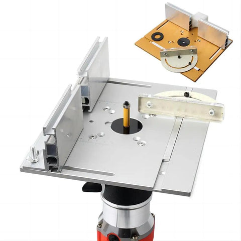 Built Tough Aluminum Router Table Insert Plate Featuring Precision Miter Gauge Guide And Smooth Sliding Fence For Rock Solid Woodworking Flip Bench Operations Silver with router and sliding fence.