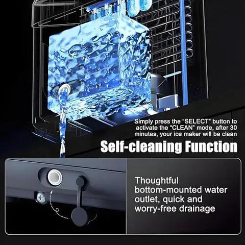Self Cleaning Countertop Ice Maker Generates Bullet Shaped Cubes In Under 6 Minutes showing self-cleaning feature with water outlet.