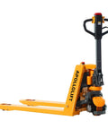 Apollolift 3300 Lb Electric Pallet Jack Truck With 48 By 27 Inch Forks, side view showcasing sturdy yellow frame and ergonomic handle.