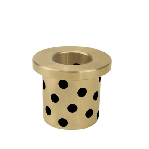 Rugged Flanged Bronze Graphite Bushings Self Lubricating Oilless Bearings That Run Smooth As Butter Through Harsh Environments Heavy Duty Shaft Sleeves With Zero Hassle Maintenance And Battle Ready Durability 2 Pack close-up of a flanged brass composite sleeve with black dots