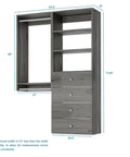 Fully Assembled Grey Closet Organizer Kit With Double Hanging Rods, Shelves, And Drawers As A 54 Inch Corner Unit with dimensions.