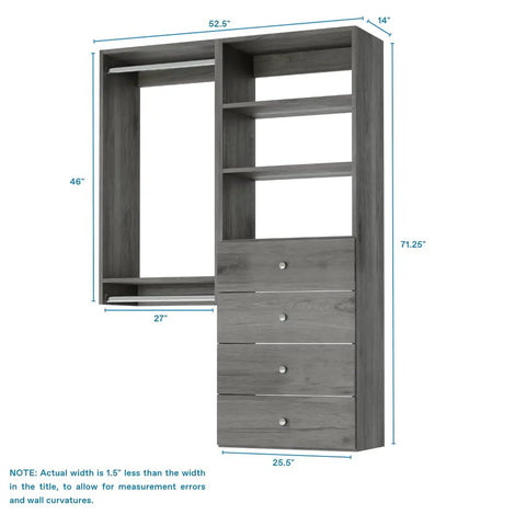Fully Assembled Grey Closet Organizer Kit With Double Hanging Rods, Shelves, And Drawers As A 54 Inch Corner Unit with dimensions.