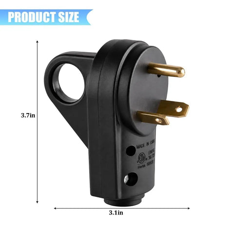 Heavy Duty 30 Amp RV Male Power Plug Solid As A Rock Copper And Nylon Build ergonomic grip handle side view 3.7in x 3.1in dimensions