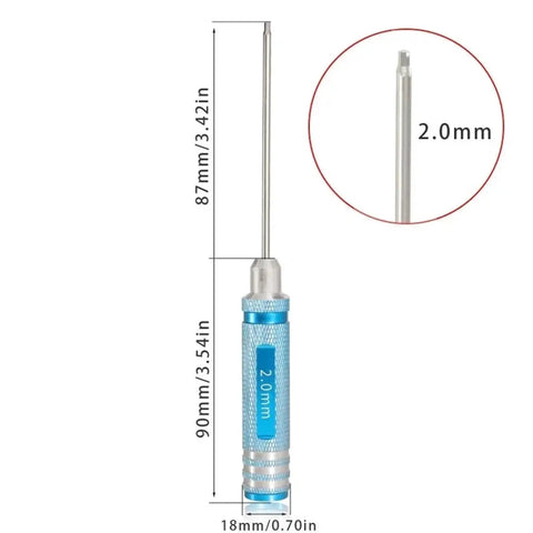 2.0mm hex screwdriver from Beefed Up Hex Screwdriver Tip Kit For RC Models With Hardened Tips 1.5mm 2mm 2.5mm 3mm All In One Hex Wrench Driver Tool Set For Drones Aircraft Helicopters And RC Cars Built To Endure Wear And Tear, shown with measurements