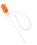 Siphon pump with orange ribbed grip and clear flexible tubing for transferring water or fuel.