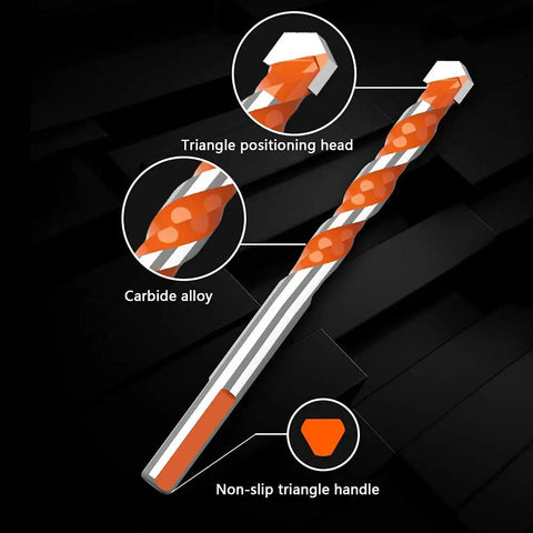 Triangular Tungsten Steel Drill Bit Featuring A Threaded Shank To Knock Out Clean Holes Through Concrete Marble Hardwood And Drywall, showcasing triangle positioning head and non-slip handle.