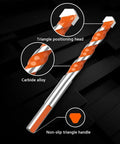 Hella Tough Tri Point Tungsten Carbide Drill Bit With Threaded Shaft For Wood Concrete Masonry Walls Six Millimeter showing triangle head and handle.