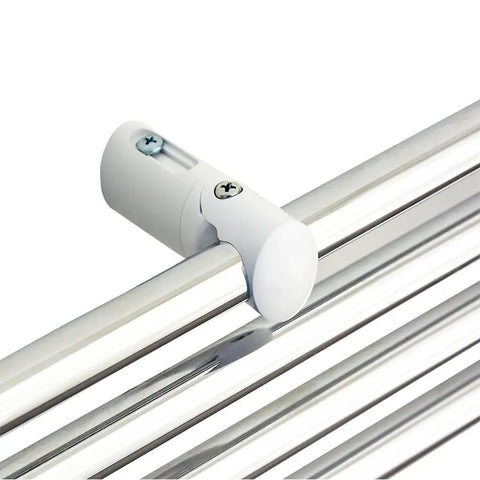 Close-up of white Three Pack Replacement Towel Rail Radiator Brackets For Heated Walls mounted on chrome rail