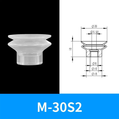 M-30S2 rubber suction cup for pneumatic manipulators, shown with dimensions for industrial automation use.