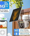 4G LTE Solar Security Camera Wireless Outdoor With Built In SIM Card IP65 Rated on a wooden post with solar panel.