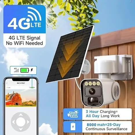 4G LTE Solar Security Camera Wireless Outdoor With Built In SIM Card IP65 Rated on a wooden post with solar panel.