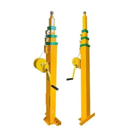 Heavy Hitter Hand Cranked Lifting Mast With Flexible Adjustable Height Telescopic Elevated Work Platform Built Tough For Construction Crews And Camera Antenna Lighting Rig Mounting, yellow alloy frame with hand crank.