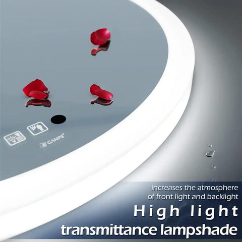 Close-up of Slick Round 28 Inch LED Bathroom Mirror With Motion Sensor Dimmable Lights Anti Fog IP44 Waterproof features.