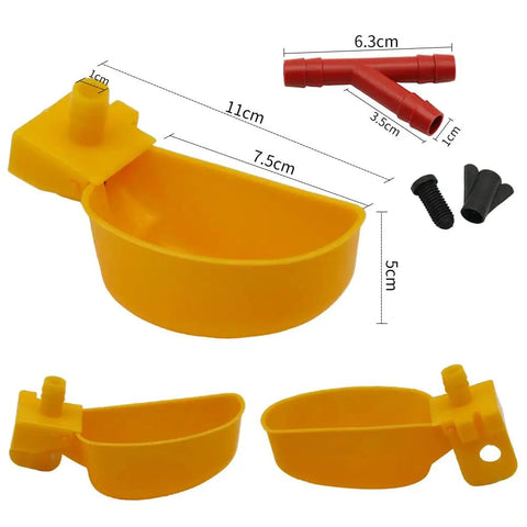Top Tier Auto Fill Quail Water Cups 12 Pack Yellow Clip On Cage Drinkers For Pigeons Rabbits showing yellow water cups and connectors.