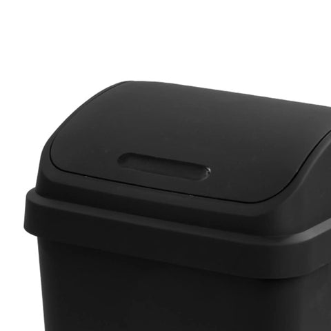 Close-up of black wastebasket's swing lid, part of the 4 Pack Swing Top Wastebasket Set In Black, Sleek Square Trash Can For Kitchen Bathroom Garage.