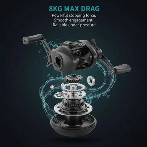 Low Profile Fishing Reel With Nylon Spool, 8 Kg Drag, 7.2:1 Gear Ratio, internal mechanism shown, for freshwater and saltwater.