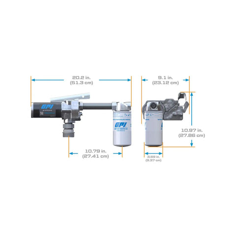 No Sweat Fuel Transfer Pump With Automatic Shut Off Nozzle And Premium Filter Kit 18 GPM 12 Volt Motor dimensions showing measurements and design.