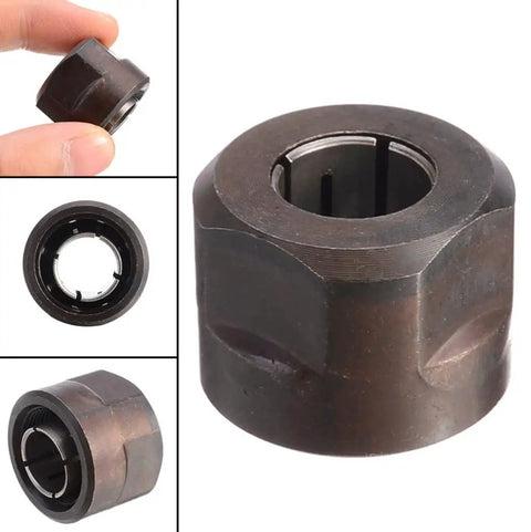 Metal 13mm Half Inch Collet Nut For Plunge Router, black replacement part for Makita 3612BR, multiple angles, non OEM 22.5x27mm.