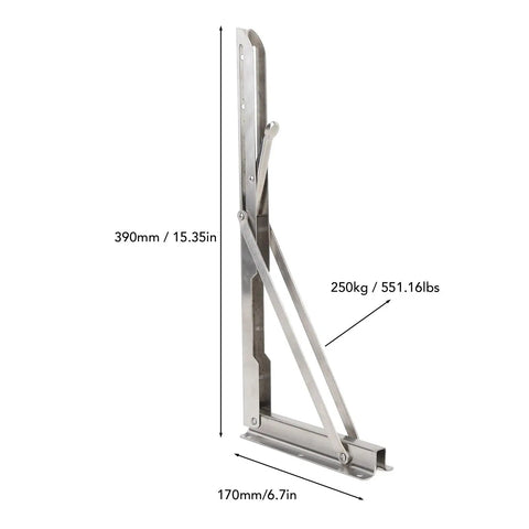 Heavy Duty Folding Shelf Brackets Stainless Steel Wall Mounted 15.6 Inch Load 551 Lbs with smooth edges, side view with dimensions