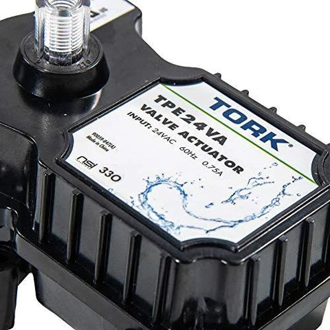 Front view of TORK TPE24VA valve actuator, black plastic housing with 24VAC input label.