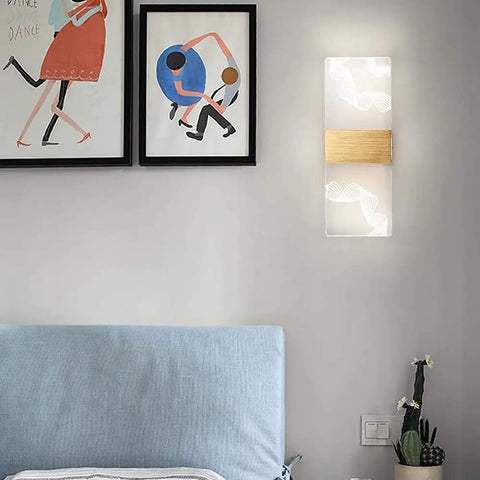 Modern Acrylic Led Wall Sconce With Up And Down Ambient Glow Includes A Smart Remote For Swift Dimming And Cool White Switches on bedroom wall.