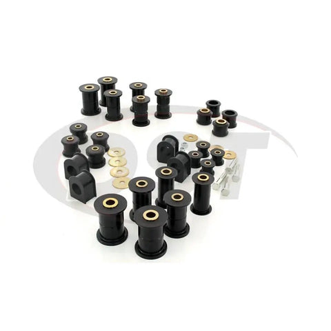 Heavy Duty Polyurethane Master Bushing Kit For Ford F250 Super Duty 1999 To 2004 showing black polyurethane bushings and hardware.
