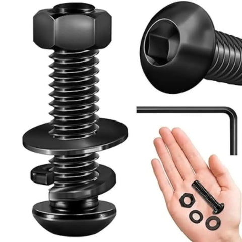 Grab Badass M6 Hex Socket Cap Screw Kit Black Alloy Steel with Nuts and Washers, showing bolts and washers in hand.
