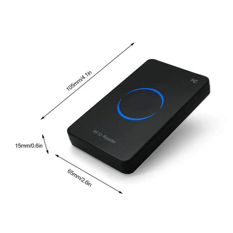 UHF RFID Reader USB Desktop 915MHz Non Contact Card Writer And Reader, dimensions 105x65x15mm, black compact design with blue LED ring