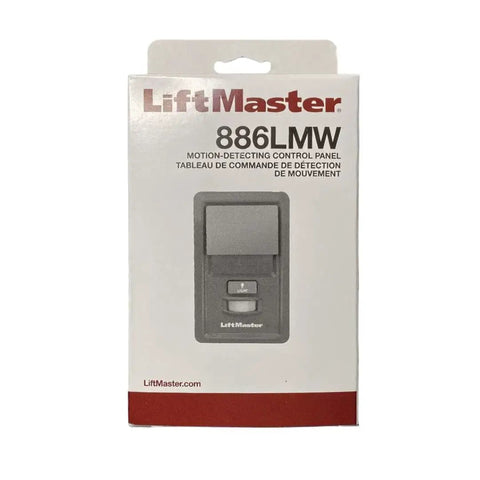 Front view of LiftMaster 886LMW packaging for Security Plus 2.0 WiFi Motion Detecting Control Panel with Automatic Lighting.